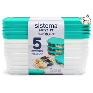 Sistema Nest It Meal Prep Food Containers, 3 Compartments, 8 Cups, 5-Pack